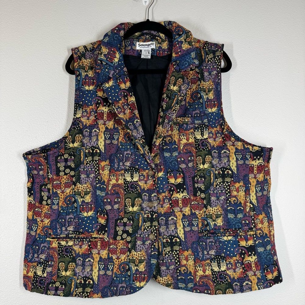 Serengeti Cat Tapestry Vest Women's 2X Multicolor Black Whimsical Unique Fun